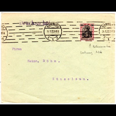 DR 1922, Rollenmarke 50 Pf. Germania m. perfin auf Drucksache Brief v. Hamburg.