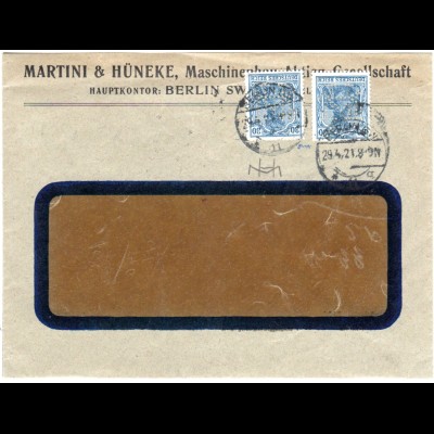 DR 1921, 2x30 Pf. Germania m. perfin auf Firmen Brief v. Berlin. Geprüft.