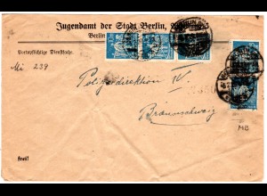 DR 1923, MeF 5x10 Mk. m. perfins auf Jugendamt Brief d. Stadt Berlin