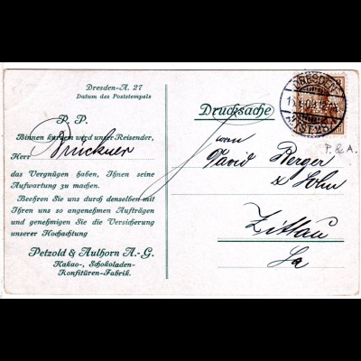 DR 1909, 3 Pf. Germania m. perfins auf Firmen Karte v. Dresden