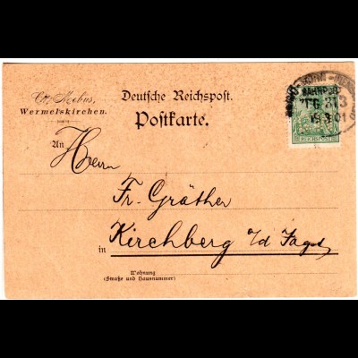 DR 1901, 5 Pf. m. perfins auf Firmen Karte v. Wermelskirchen m. Bahnpost Stpl.
