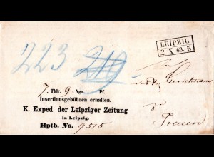 Sachsen 1863, R2 Leipzig klar auf schönem Vordruck Paketbrief n. Treuen