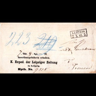 Sachsen 1863, R2 Leipzig klar auf schönem Vordruck Paketbrief n. Treuen