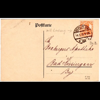 DR 1918, 7 1/2 Pf. Germania m. perfin Dr.B. auf Karte v. Berlin Neukölln.