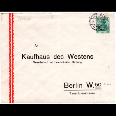 DR 1912, gebr. 5 Pf. Privatganzsache Umschlag Kaufhaus des Westens, Berlin