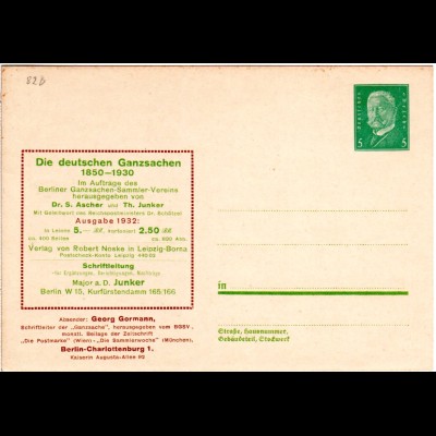 DR, ungebr. 5 Pf. Privatganzsachenkarte Dr. S. Ascher u. Th. Junker Abs. Gormann