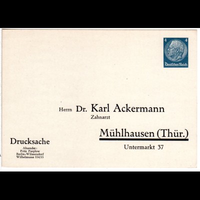 DR, ungebr. 4 Pf. Paeplow Privatganzsachenkarte Dr. Karl Ackermann Mühlhausen