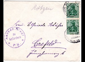DR 1916, 2x6 Pf. Germania auf Zensur Brief m.Bahnpost Aachen-St.Vith