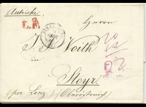 Frankreich 1846, Porto Brief v. Strasbourg "per Linz" n. Steyr Ober Österreich.