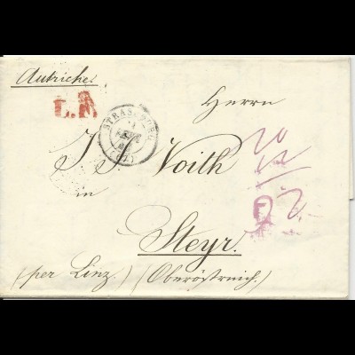 Frankreich 1846, Porto Brief v. Strasbourg "per Linz" n. Steyr Ober Österreich.