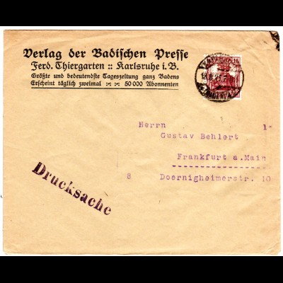 DR 1921, 15 Pf. Germania m. perfin auf Presse Vordruck Brief v. Karlsruhe