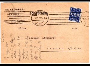 DR 1922, 6 Mk. m. perfin auf Vordruck Karte v. Hamburg