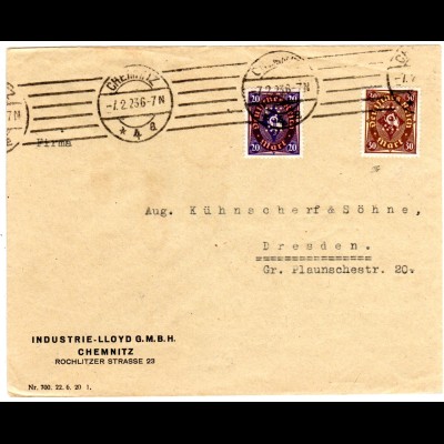 DR 1923, 20+30 Mk.. m. perfin Firmenlochung Z auf Firmen Brief v. Chemnitz