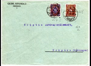 DR 1923, 20+30 Mk. m. perfin Firmenlochung GA B. auf Firmen Brief v. Dresden