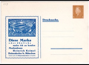 DR, ungebr. 3 Pf. Privatganzsache Keimel Deisenhofen b. München m. blauer Abb. 
