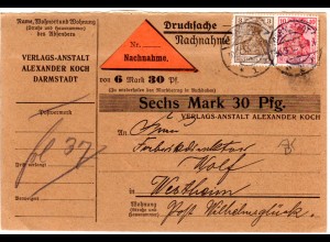 DR 1913, 3+10 Pf. Germania m. perfin AKD auf Nachnahme Karte v. Darmstadt