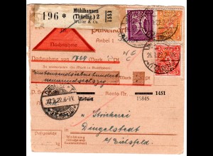 DR 1922, 50 Pf.+3+5 Mk. m. perfin W&C auf Nachnahme Paketkarte v. Mühlhausen