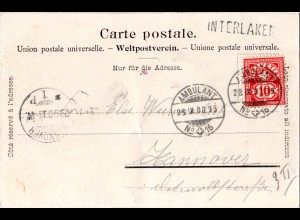 Schweiz 1900, L1 INTERLAKEN auf Karte m. 10 C. u. Bahnpoststpl. AMBULANT No.15