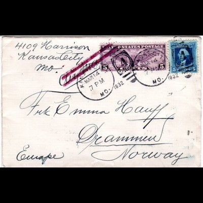 USA 1932, 5+5 C. on cover to Norway with 2-line Air Mail annulation cancel
