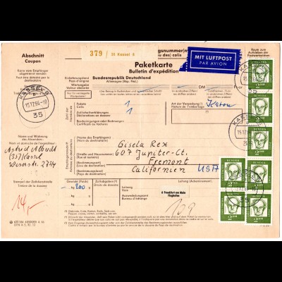 BRD 1966, reine MeF 7x2 M. auf Luftpost Paketkarte v. Kassel n. USA