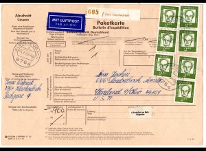 BRD 1966, reine MeF 7x2 M. auf Luftpost Paketkarte v. Kleinheubach n. USA