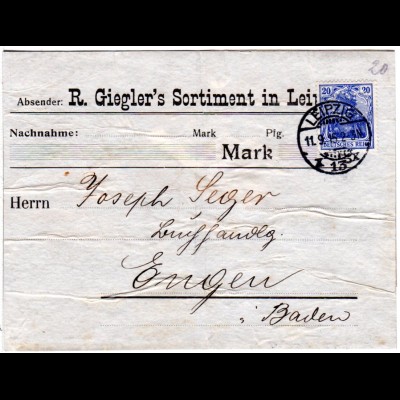 DR 1915, 20 Pf. Germania m. perfin Firmenlochung auf Päckchenadresse v. Leipzig