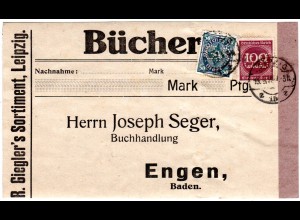 DR 1923, 50+100 Mk. m. perfin Firmenlochung auf Päckchenadresse v. Leipzig
