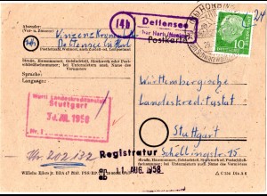 BRD 1958, Landpoststempel 14b DETTENSEE über Horb auf Karte m. 10 Pf. 