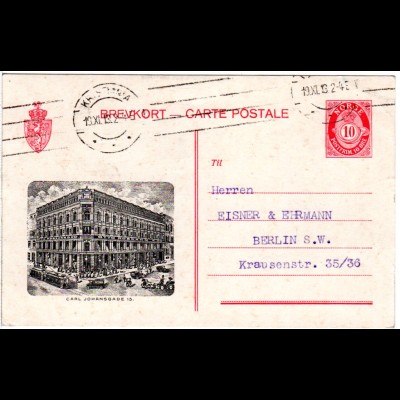 Norwegen 1913, 10 öre Ganzsache v. Kristiania m. Zudruck O. Robsahm&Co. m. Tram