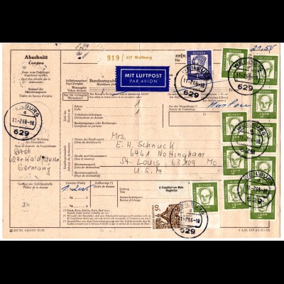 BRD 1966, Massenfrankatur 10x2+1 DM+50 Pf. auf Luftpost Paketkarte v. Weilburg