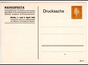 DR, ungebr. 3 Pf. Drucksache Privatganzsachenkarte Markoposta Berlin 1933