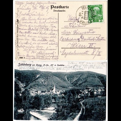 Österreich 1909, Bahnpost-K1 ZELLERNDORF-KREMS auf AK Schönberg am Kamp m. 5 H.