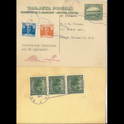 El Salvador 1946, 2 C. Ganzsache m. Zusatzfr. n. USA. #2846