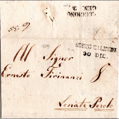 Italien, Lombardei 1859, L2 SESTO CALENDE auf Porto Brief