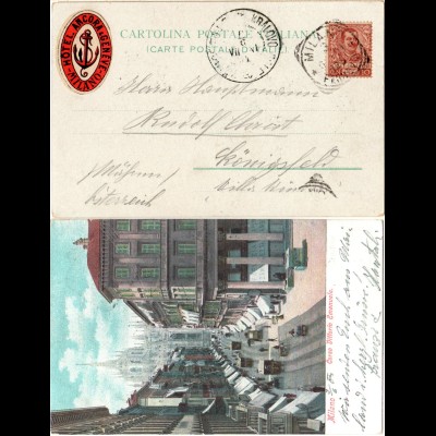Italien 1904, Milano Farb-AK m. 10 C. u. Hotel Ancora Werbeaufkleber
