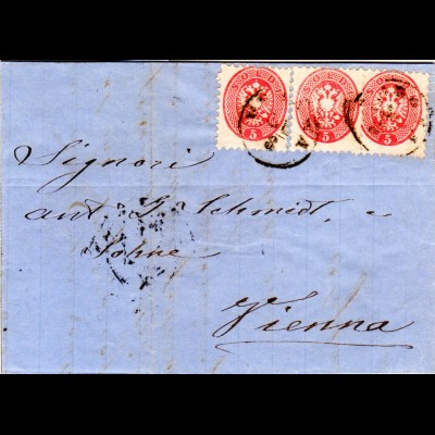 Lombardei Venetien Italien 1865, 3x5 So. auf Brief v. Verona n. Österreich