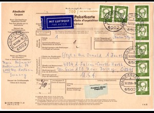 BRD 1966, reine MeF 7x2 M. auf Luftpost Paketkarte v. Mainz-Kostheim n. USA