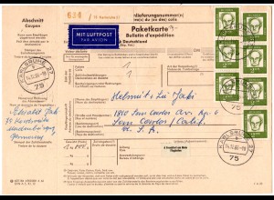 BRD 1966, reine MeF 7x2 M. auf Luftpost Paketkarte v. Karlsruhe n. USA