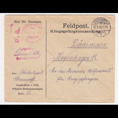 DR 1917, Gnadenfrei Polen, KGF POW Dolmetscher Zensur Brief n. Dänemark. #837