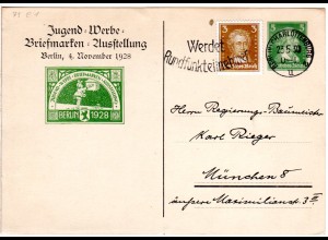 DR, gebr 5 Pf. Privatganzsachenkarte Jugend Briefmarken Ausstellung Berlin 1928