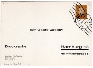 DR 1931, gebr. 3 Pf. Drucksache Privatganzsache G. Jacoby Hamburg 
