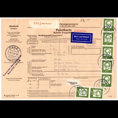BRD 1966, reine MEF 7x2 M. auf Luftpost Paketkarte v. Konz n. USA. 