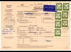 BRD 1966, reine MEF 7x2 M. auf Luftpost Paketkarte v. Gundelsheim n. USA. 