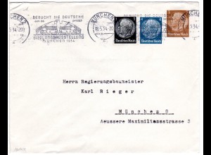 DR, gebr. 3 Pf Privatganzsache Umschlag m. 1+4 Pf. Zusatzfrankatur v. München