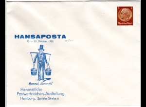 DR 1935, ungebr. 3 Pf Privat Ganzsache Hansaposta Briefmarkenausstellung Hamburg