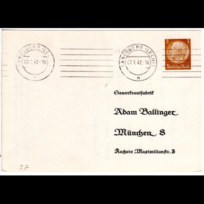 DR, gebr. 3 Pf. Privatganzsachenkarte Sauerkrautfabrik A. Ballinger München