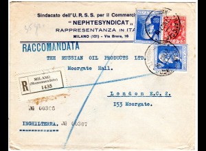 Italien 1927, 75 C.+2x1,25 L. Volta auf Einschreiben Brief v. Milano n. GB