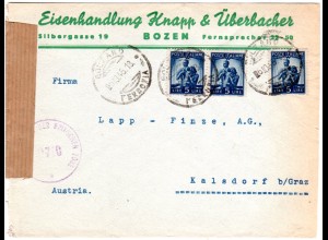 Italien 1946, 3x5 L. auf Zensur Firmen-Brief v. Bolzano n. Österreich.