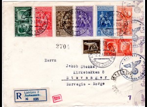 Italien 1942, 8 Marken auf Einschreiben Express Brief v. Ljubliana 2 n. Norwegen