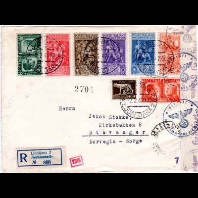 Italien 1942, 8 Marken auf Einschreiben Express Brief v. Ljubliana 2 n. Norwegen